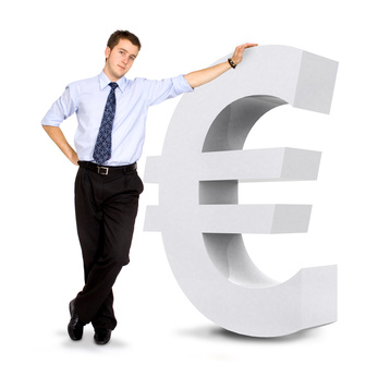 euro currency sign with a business man leaning on it